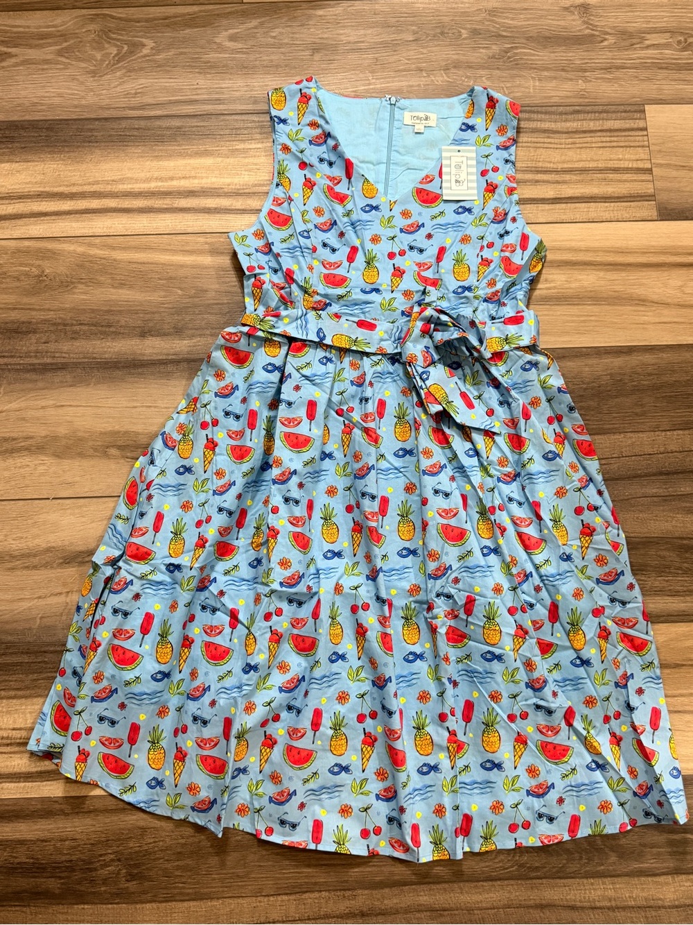 NWT TulipB Blue Fruit Print Cotton Fit & Flare Dress Large Summer Tie Waist - Picture 2 of 9